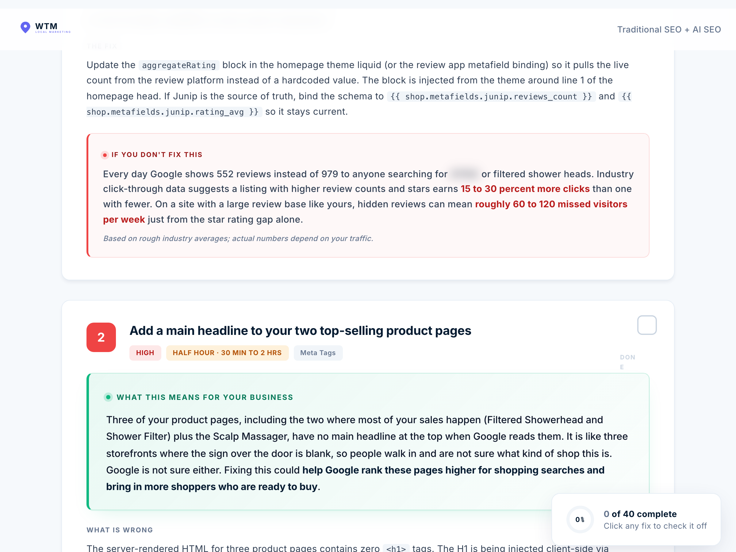 Example SEO finding -second prioritized fix with detailed recommendation