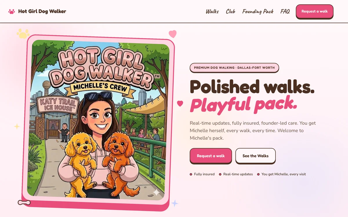 Hot Girl Dog Walker website hero, premium dog walking in Dallas-Fort Worth