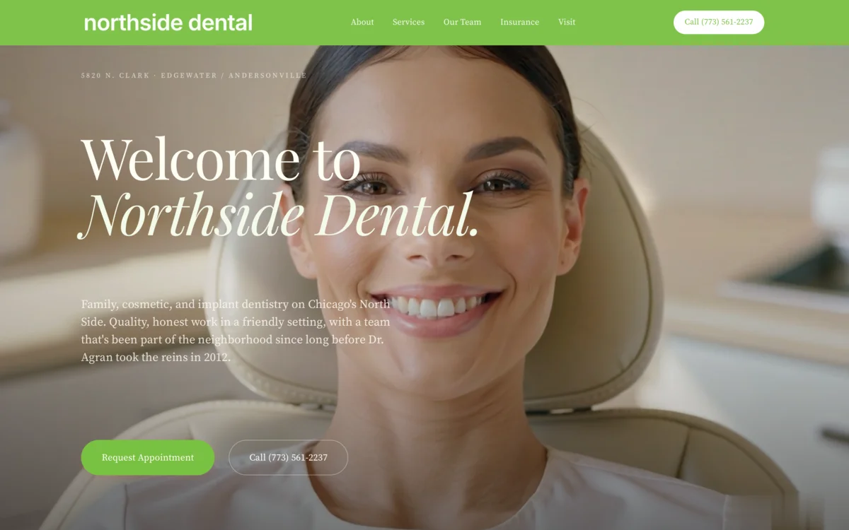 Northside Dental rebuild hero, patient smiling in a dental chair with the welcome headline